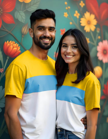 Mustard-Pastel Blue-White Color Block Couple Tees