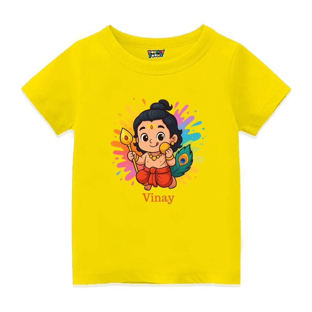 Yellow Personalised t-shirt, Coloursplash Balamurugan, vel and tasting ladoo design printed