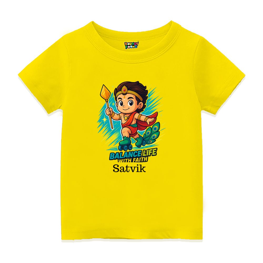 Yellow t-shirt, Lord balamurugan with Skating Roller and text Balance Life With Faith'