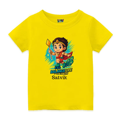 Yellow t-shirt, Lord balamurugan with Skating Roller and text Balance Life With Faith'