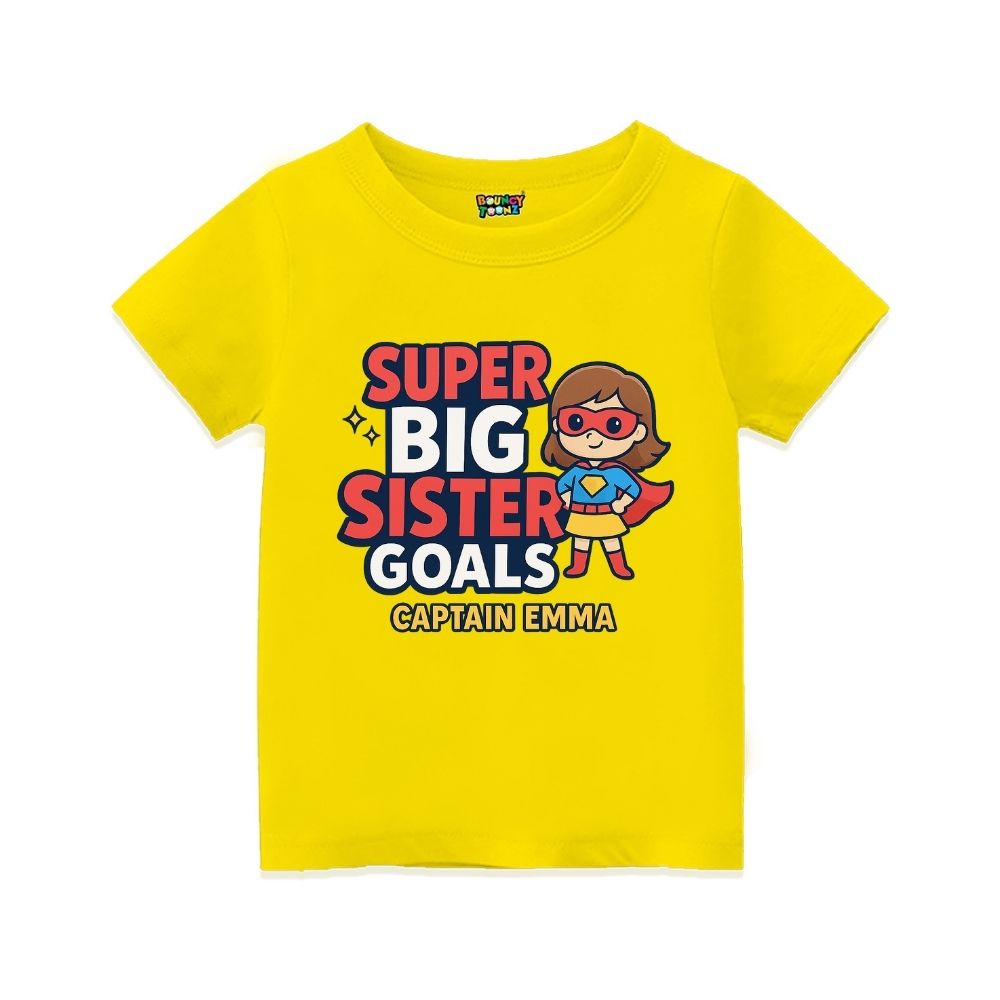 Yellow t-shirt,  superhero design printed with "Super Big Sister Goals" and Captain text