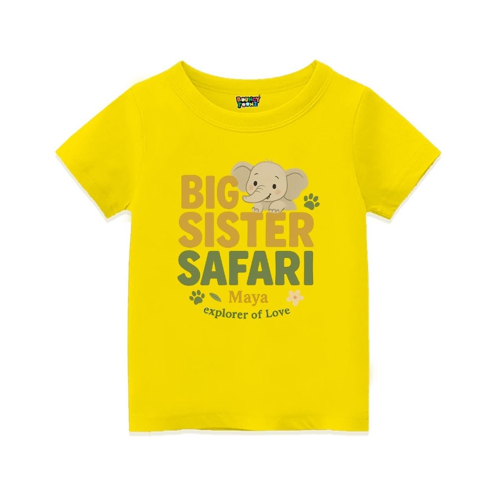 Yellow t-shirt with 'Big Sister Safari' text and elephant graphic