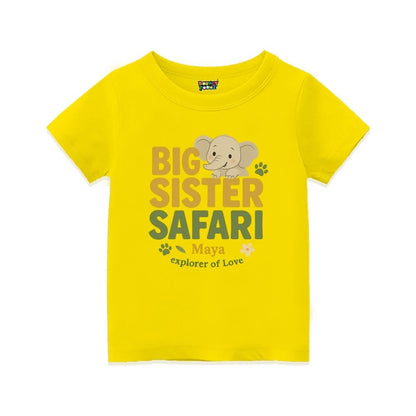 Yellow t-shirt with 'Big Sister Safari' text and elephant graphic