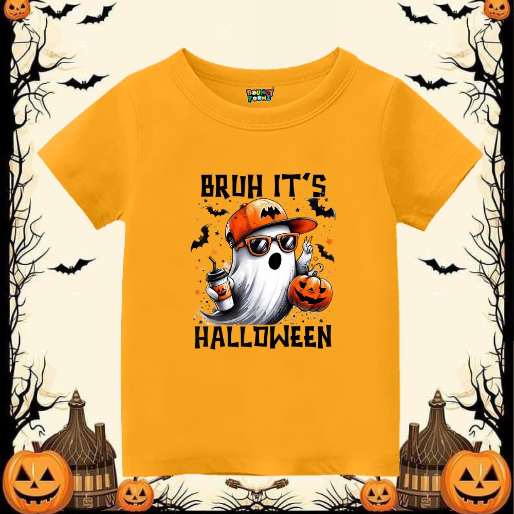 Yellow t-shirt with Halloween-themed design featuring a ghost, pumpkins, and text
