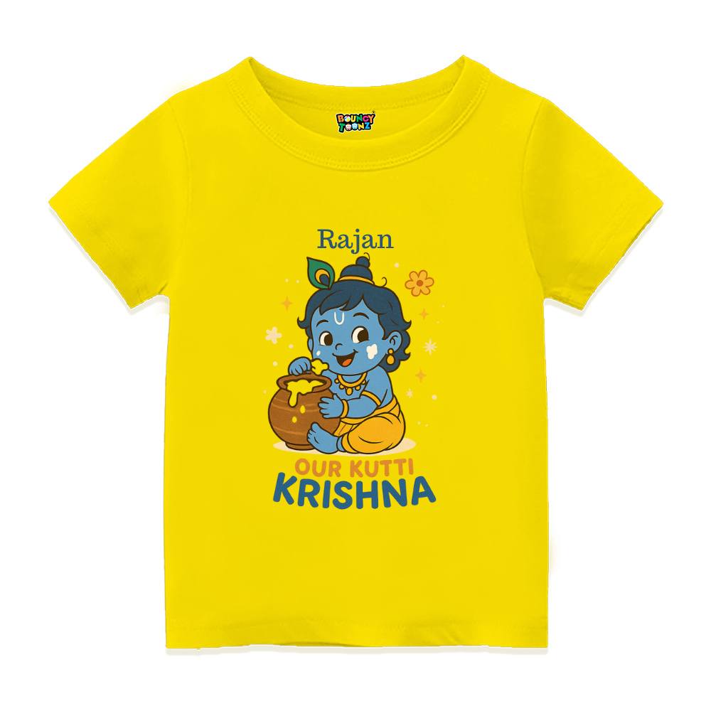 Yellow t-shirt with Krishna cartoon character and 'Our Kutti Krishna' text