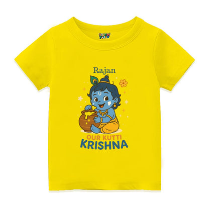 Yellow t-shirt with Krishna cartoon character and 'Our Kutti Krishna' text