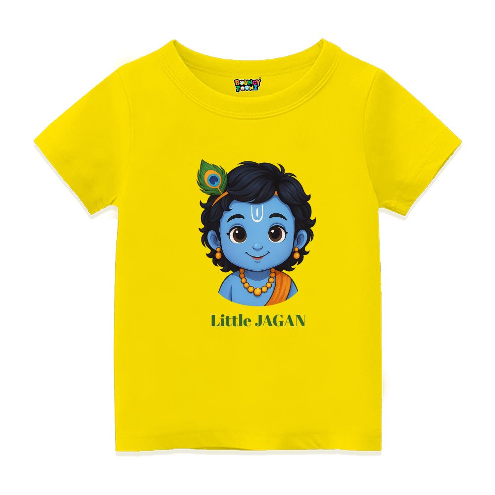 Yellow t-shirt with a cartoon character of Little Jagan Text