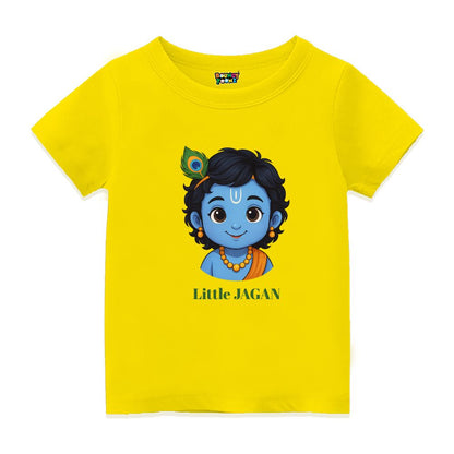 Yellow t-shirt with a cartoon character of Little Jagan Text