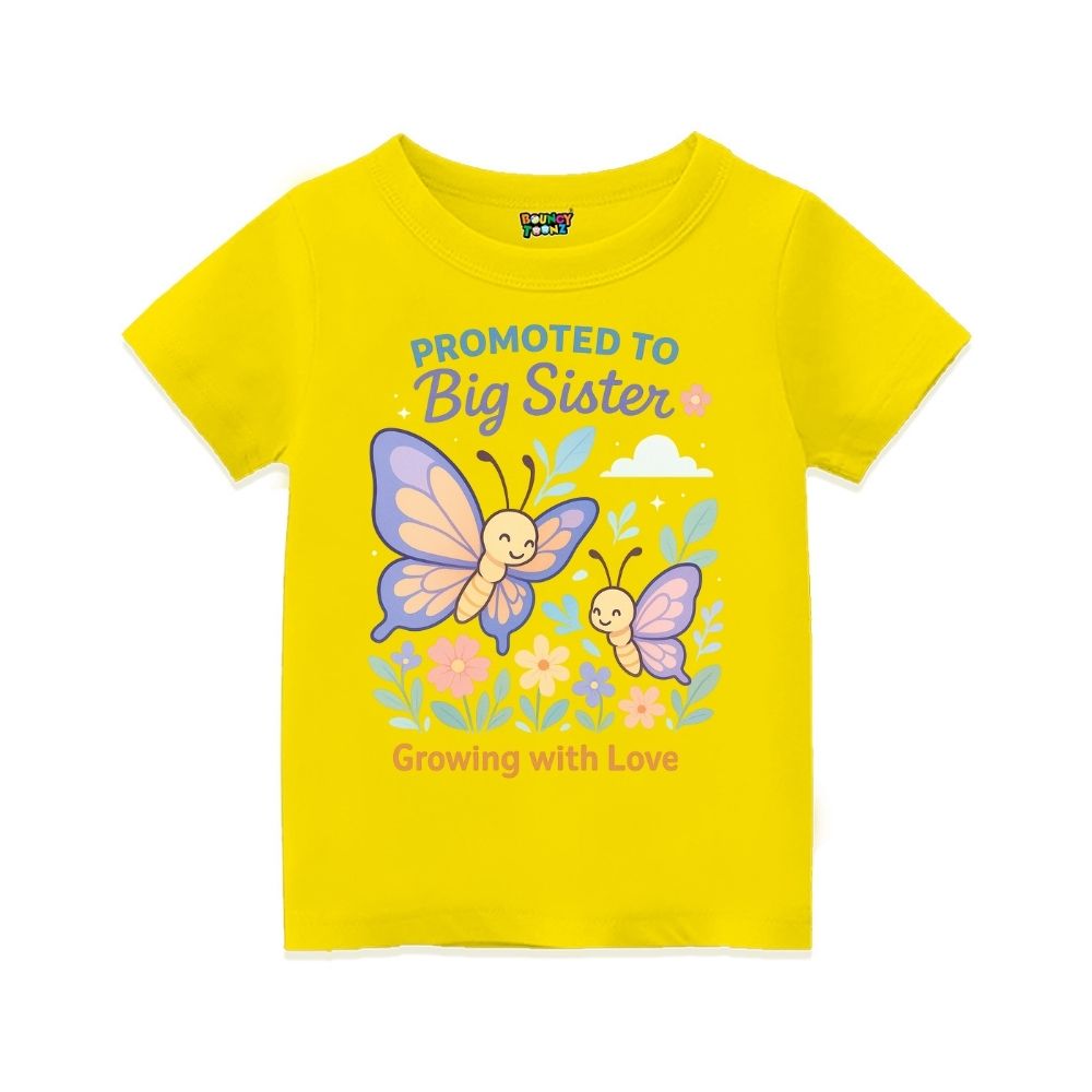 Yellow t-shirt with butterfly design and text 'Promoted to Big Sister'