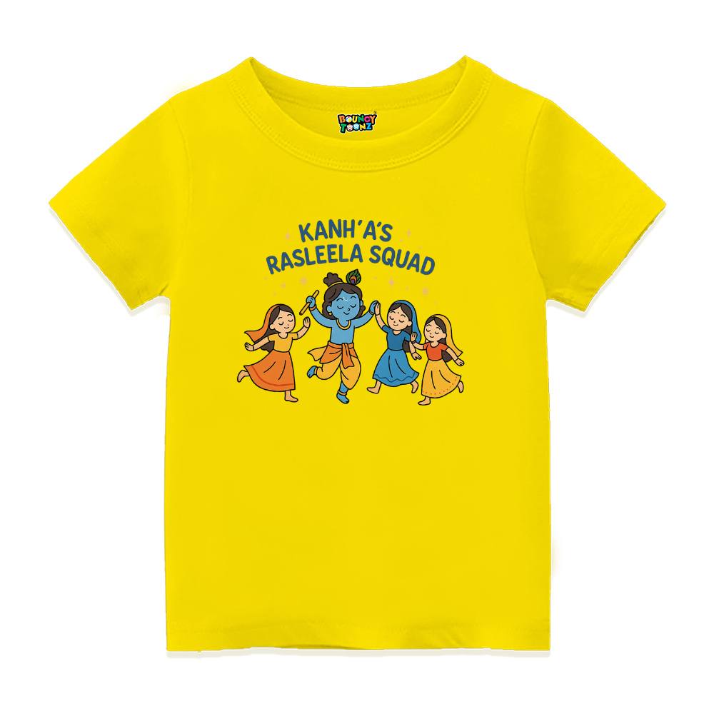 Yellow t-shirt with cartoon characters and text Kanhas 'Rasleele Squad'