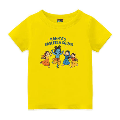 Yellow t-shirt with cartoon characters and text Kanhas 'Rasleele Squad'