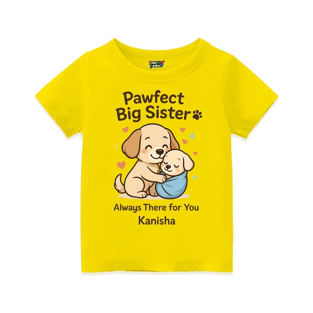 Yellow t-shirt with cartoon dogs and text 'Pawfect Big Sister' Always there for you