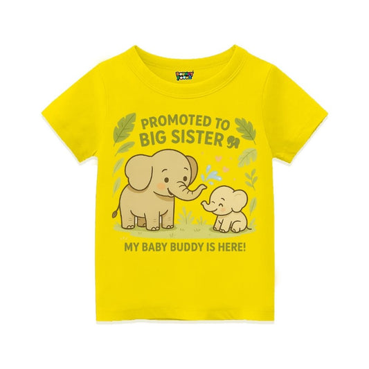 Yellow t-shirt with elephant design and text 'Promoted to Big Sister' with My Baby Buddy is Here!