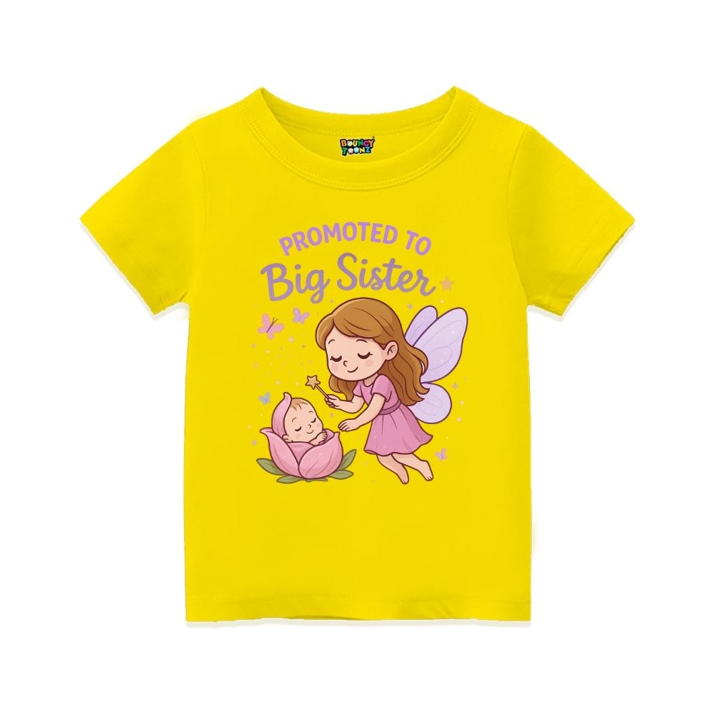 Yellow t-shirt with fairy and baby graphic and 'Promoted to Big Sister' text 