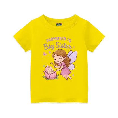 Yellow t-shirt with fairy and baby graphic and 'Promoted to Big Sister' text 