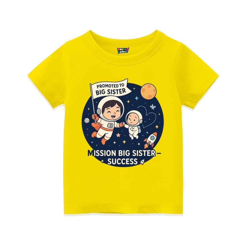 Yellow t-shirt with space-themed design and text 'Promoted to Big Sister' 
