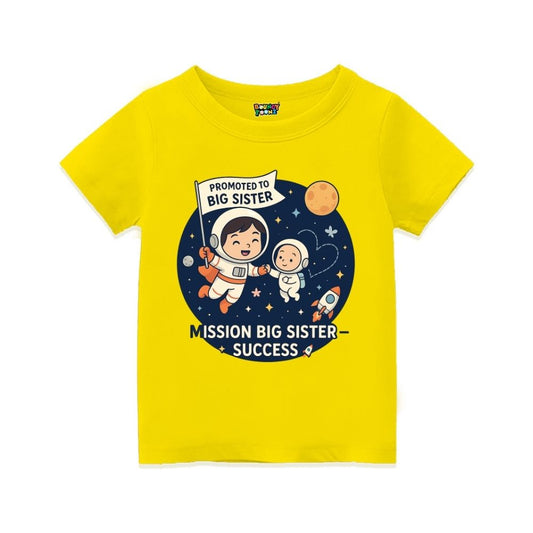 Yellow t-shirt with space-themed design and text 'Promoted to Big Sister' 