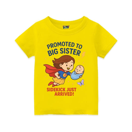 Yellow t-shirt with superhero design and text 'Promoted to Big Sister, Sidekick Just Arrived!' 