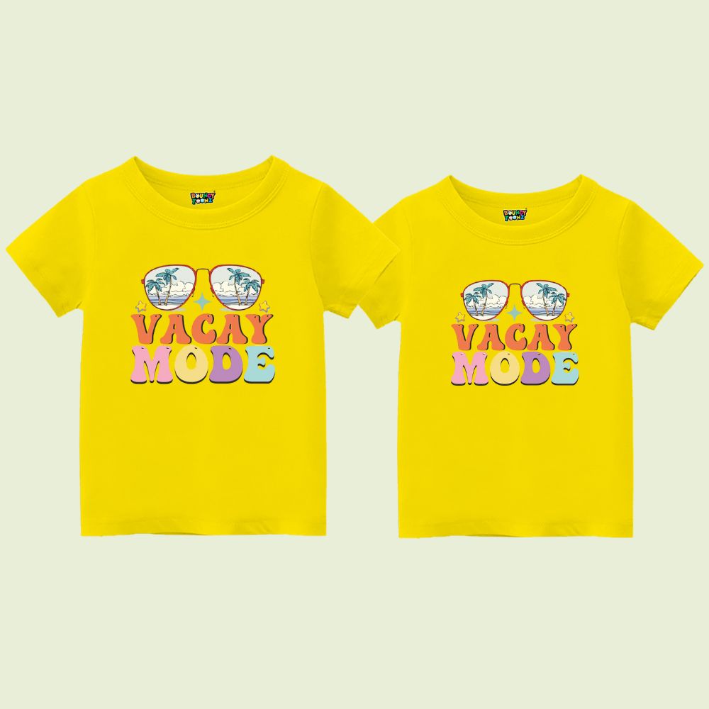 Yellow t-shirts with 'Vacay Mode' text and sunglasses graphic