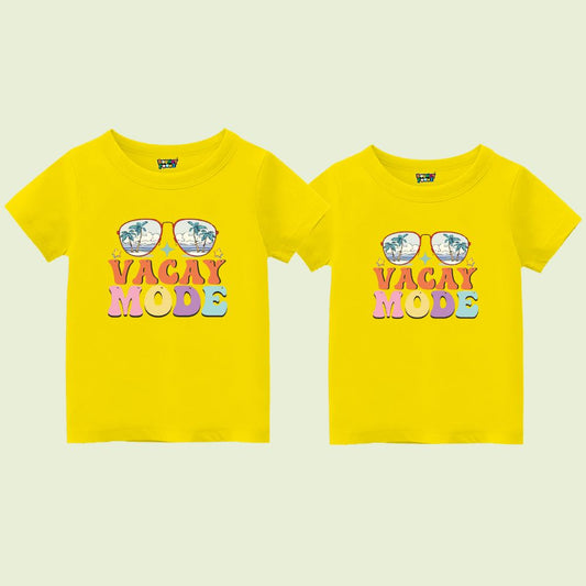 Yellow t-shirts with 'Vacay Mode' text and sunglasses graphic