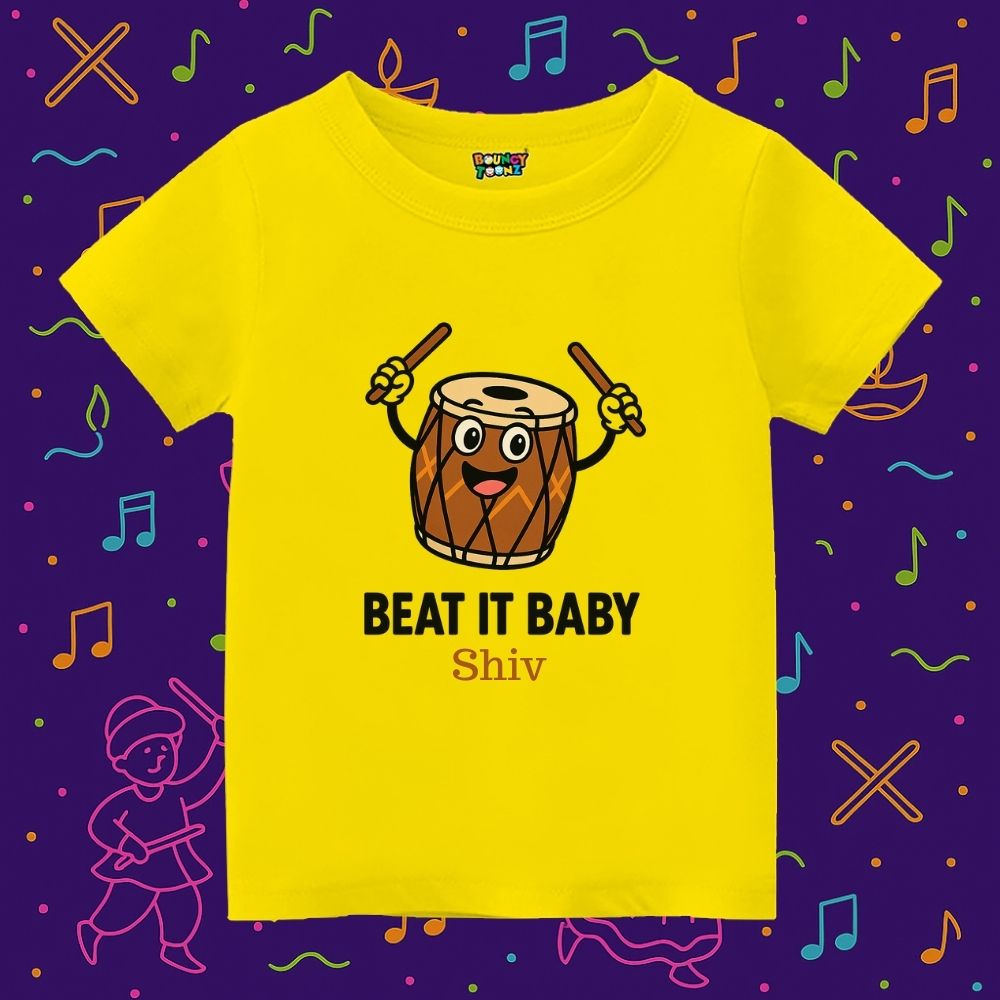 Yellow Kids t-shirt with a cartoon drum and text Beat it Baby