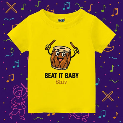 Yellow Kids t-shirt with a cartoon drum and text Beat it Baby