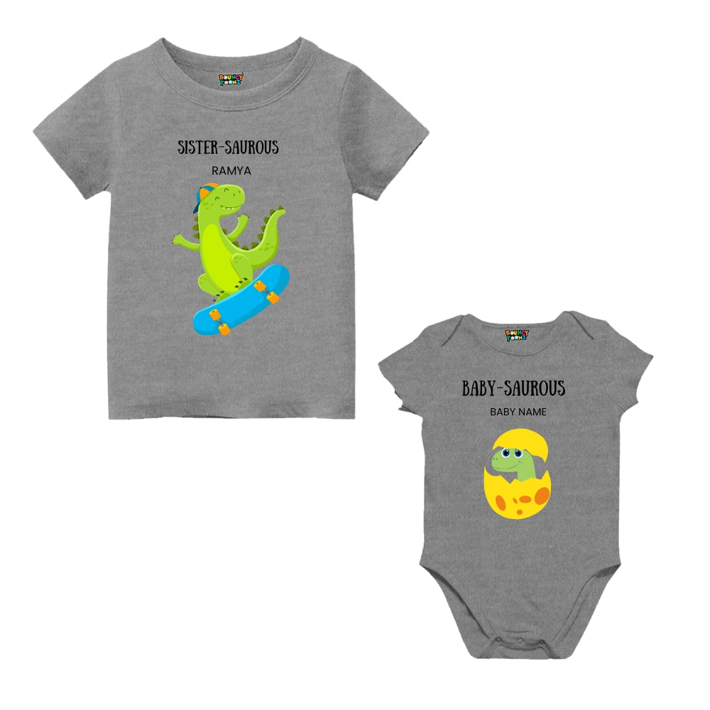 Baby Sister Saurous T-shirt and romper set – perfect Rakhi gift 2025 for little sisters to twin in dino-themed sibling style