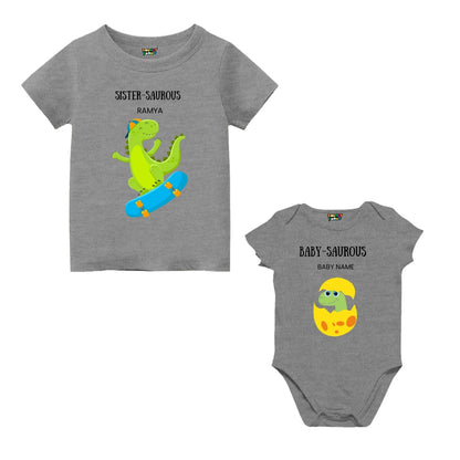 Baby Sister Saurous T-shirt and romper set – perfect Rakhi gift 2025 for little sisters to twin in dino-themed sibling style