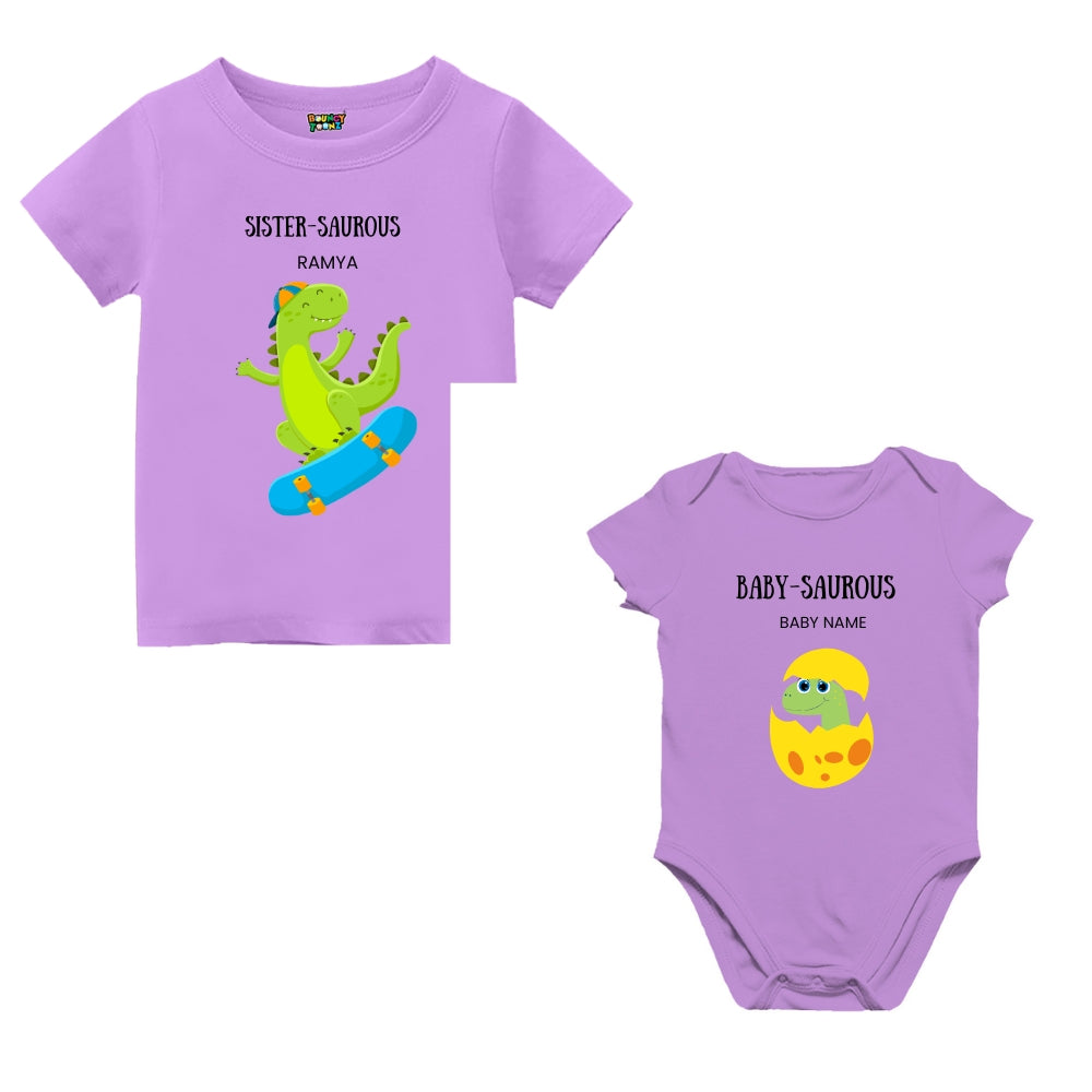 Baby Sister Saurous T-shirt and romper set – perfect Rakhi gift 2025 for little sisters to twin in dino-themed sibling style