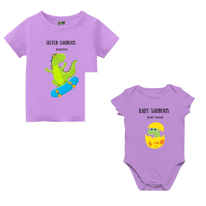 Baby Sister Saurous T-shirt and romper set – perfect Rakhi gift 2025 for little sisters to twin in dino-themed sibling style