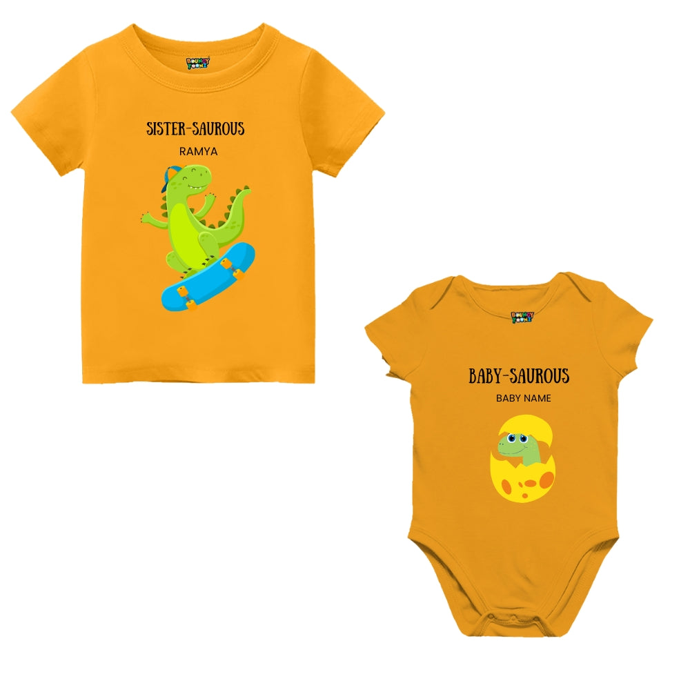 Baby Sister Saurous T-shirt and romper set – perfect Rakhi gift 2025 for little sisters to twin in dino-themed sibling style