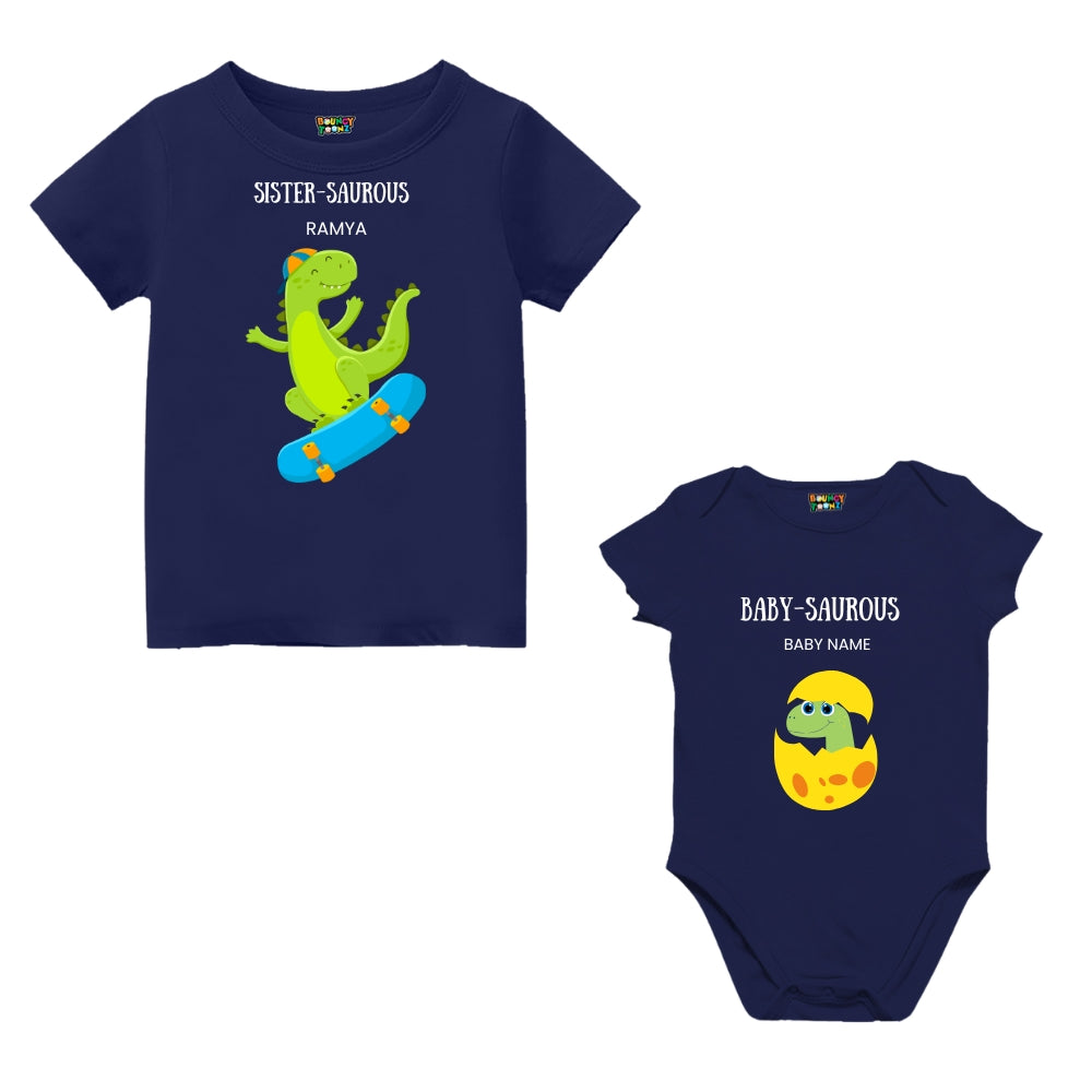Baby Sister Saurous T-shirt and romper set – perfect Rakhi gift 2025 for little sisters to twin in dino-themed sibling style
