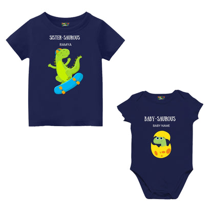 Baby Sister Saurous T-shirt and romper set – perfect Rakhi gift 2025 for little sisters to twin in dino-themed sibling style