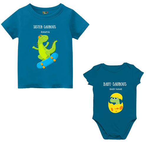 Baby Sister Saurous T-shirt and romper set – perfect Rakhi gift 2025 for little sisters to twin in dino-themed sibling style