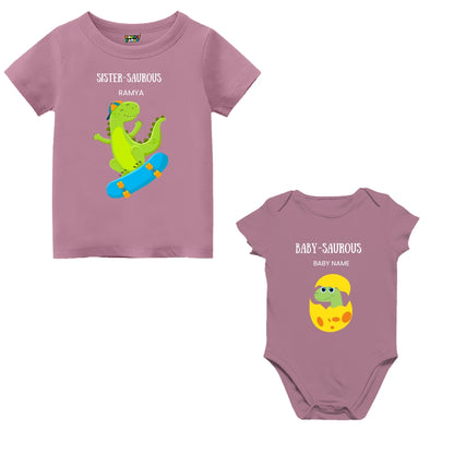 Baby Sister Saurous T-shirt and romper set – perfect Rakhi gift 2025 for little sisters to twin in dino-themed sibling style