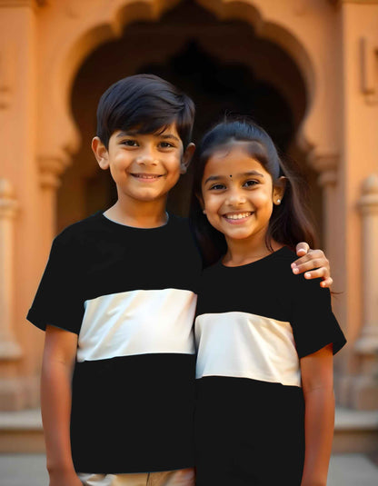 Black and white cut & sew siblings T-shirts – perfect Rakhi gift 2025 for brothers and sisters to twin in bold, festive style