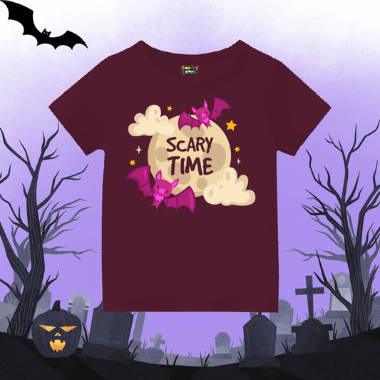 Spooky Cute 'Scary Time' Bats Kids T-Shirt - Maroon