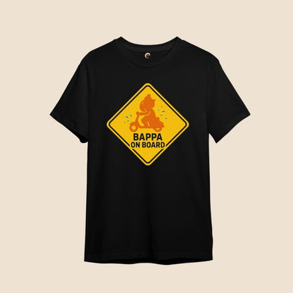 Black t-shirt with a yellow 'Bappa on Board' graphic for ganesh charthurthi