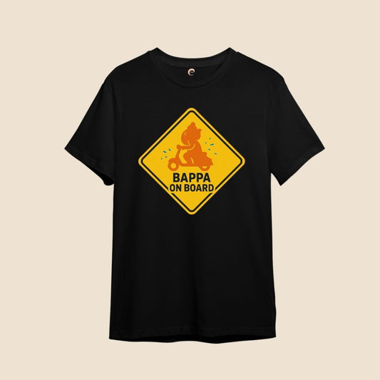 Black t-shirt with a yellow 'Bappa on Board' graphic for ganesh charthurthi