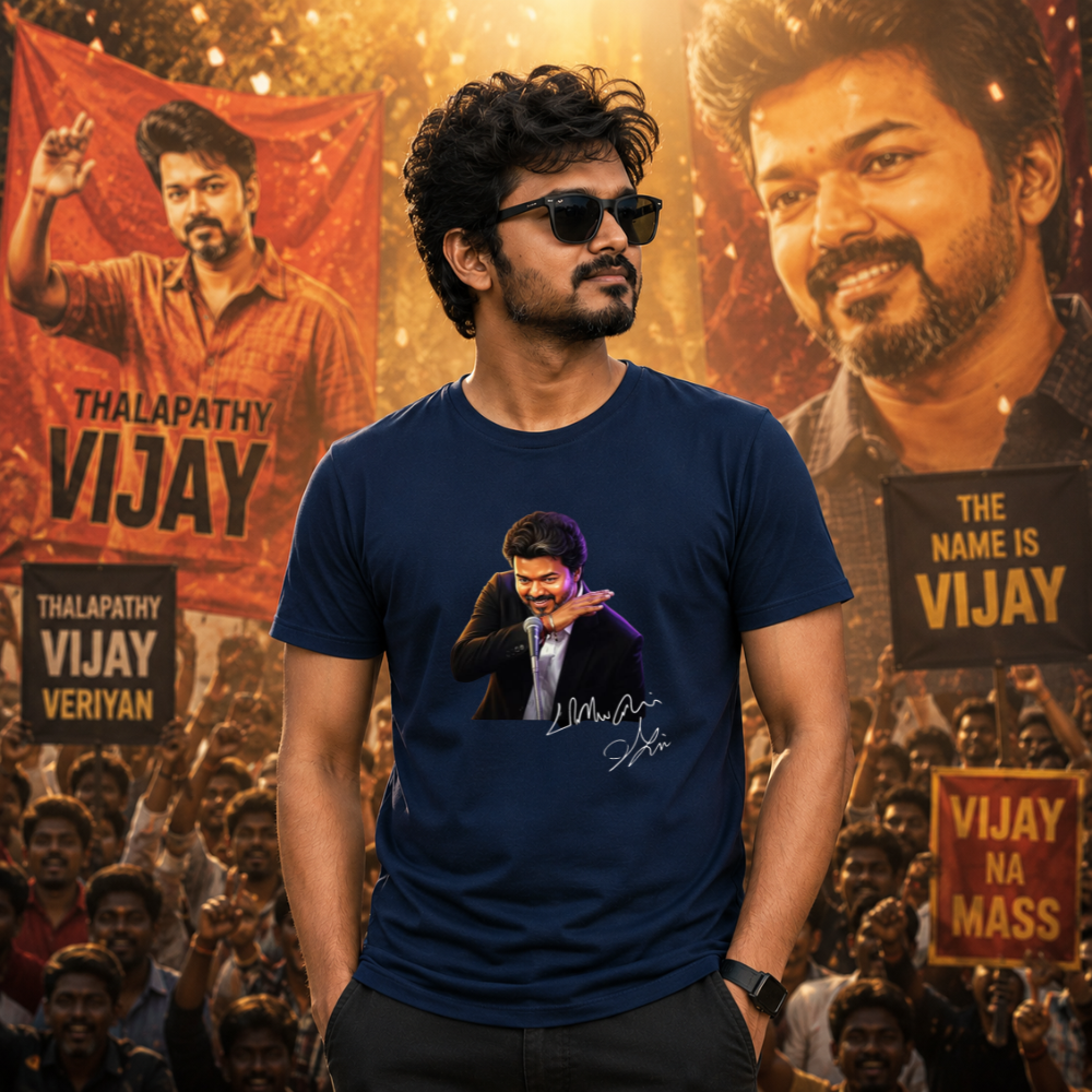Thalapathy Vijay T Shirt for Men – Vijay Fan Printed Navy Blue T-Shirt