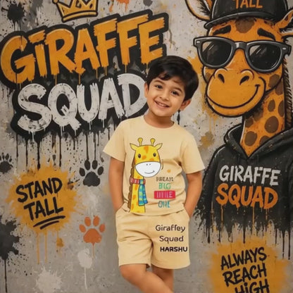 Giraffe Squad Kids Co-Ord Set | Custom Name Cotton T-Shirt & Shorts for Boys & Girls
