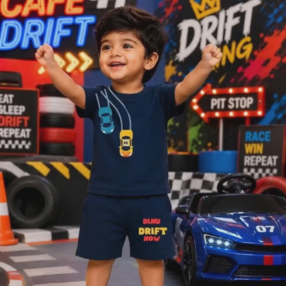 Drift Racing Kids Co-Ord Set | Custom Name Cotton T-Shirt & Shorts Outft