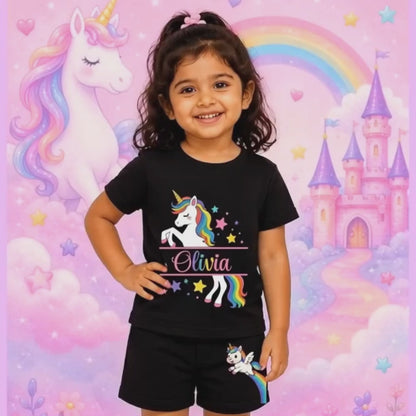 Personalized Unicorn Kids Co-Ord Set | Custom Name Cotton T-Shirt & Shorts | Magical Rainbow Unicorn Outfit for Girls
