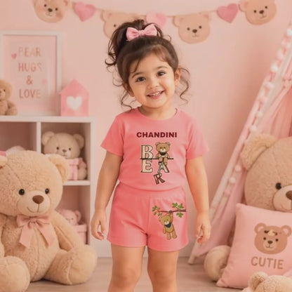Personalized Teddy Bear Kids Co-Ord Set | Custom Name Cotton T-Shirt & Shorts for Boys & Girls