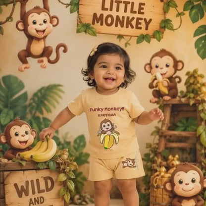 Personalized Funky Monkey Kids Co-Ord Set | Custom Name Cotton T-Shirt & Shorts for Boys & Girls