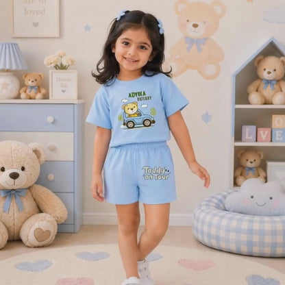 Personalized Teddy Holiday Kids Co-Ord Set | Custom Name T-Shirt & Shorts for Boys & Girls