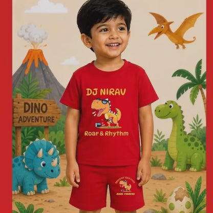 DJ Dinosaur Kids Co-Ord Set | Custom Name Cotton T-Shirt & Shorts | Roar & Rhythm Dino Summer Outfit for Boys & Girls