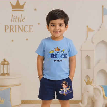 Little Prince Kids Co-Ord Set | Custom Name Cotton T-Shirt & Shorts for Boys