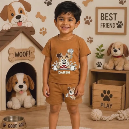 Puppy Kids Co-Ord Set | Custom Name Cotton T-Shirt & Shorts for Boys & Girls