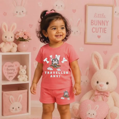 Personalized Tiny Traveller Kids Co-Ord Set | Custom Name Cotton T-Shirt & Shorts for Boys & Girls